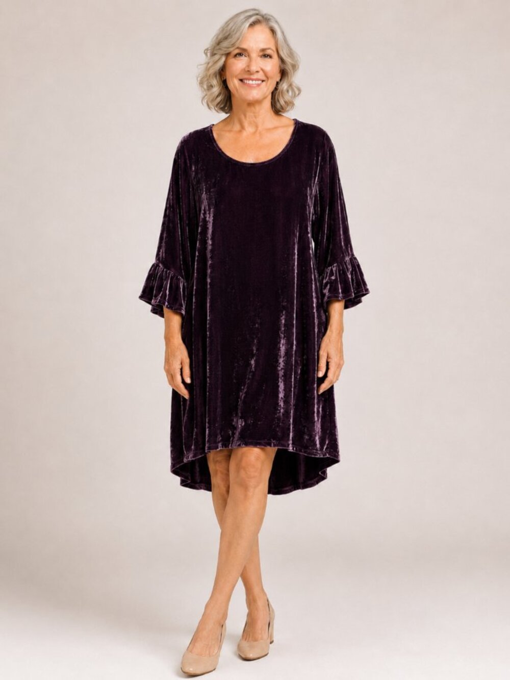 Bryn Walker Purple Velvet Pullover Oversized LagenLook Ruffle Sleeve Dress XL